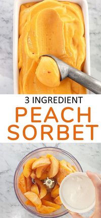 This easy peach sorbet recipe is a simple 3 ingredient peach sorbet that tastes like summer in a bowl, with no need for an ice cream maker or to make a sugar syrup! It's also dairy free! #chefnotrequired #peaches #icecream #sorbet #easyrecipes