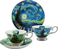 AOTELIDA Floral Tea Cups Saucers Set of 2, Bone China 7 oz British Teacups Porcelain Coffee Cup for Rose Tea Cappuccino Espresso Latte (Starry Sky & Wheat Field)