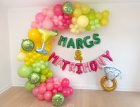 Margs & Matrimony Balloon Garland EASY AND FUN! - This balloon garland kit contains the same color latex balloons as what is pictured. - The quantity of each latex balloon color is dependent on the garland size selected from the drop down menu (pictured is a 20ft garland) - The limes, margarita, gold ring, and letter balloon banner are add-on items.  Please select these items from the drop down menu. Included In Every Kit: Latex balloons in shades as pictured (size of garland strand selected fro