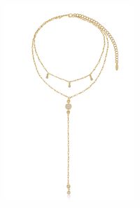 18kt gold plated or Rhodium Zinc + Brass One entire necklace First layer length: 14.5 Inches Second layer length: 16.5 Inches + 5.5 Inch lariat drop 5 Inch extender