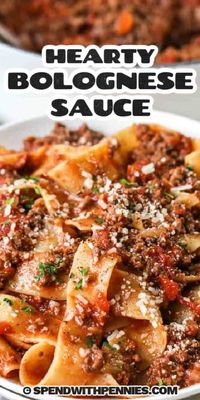 Homemade bolognese is a classic recipe every cook should have in their recipe box! A combination of beef and pork is simmered with veggies and spices to create this super flavorful, super hearty pasta sauce! #bolognese #meatsauce #pastasauce spendwithpennies