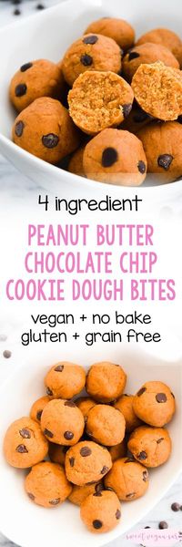 Vegan no bake peanut butter chocolate chip cookie dough bites are a quick and easy sweet treat, full of peanut butter and chocolate flavor! Made with just 4 healthy ingredients, gluten and grain free, and fruit sweetened. #cookiedough #nobakerecipe #vegan