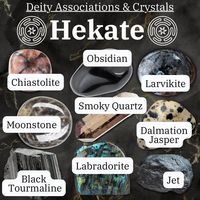 Explore the mystical connections between Hecate, the Greek goddess of magic and the crossroads, and her crystal correspondences. This image highlights the key stones associated with Hecate, including Moonstone, Labradorite, Obsidian, Smoky Quartz, Chiastolite, Dalmatian Jasper, Larvikite, Black Tourmaline, and Jet. These crystals are believed to enhance your rituals, protect against negative energies, and deepen your spiritual practices. Dive into the magical world of Hecate and harness the power of these enchanting stones.  #Hecate #CrystalHealing #MoonstoneMagic #ObsidianProtection #SmokyQuartz #Chiastolite #DalmatianJasper #BlackTourmaline #JetStone #GreekGoddess #GoddessHecate