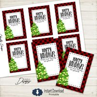 Happy Holiday Gift Tags | Printable - Digital File | Black Red Buffalo Check | Christmas Tree | HTx010 - Instant Download