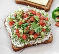 Fresh Summer Sandwich. Chopped avocado, tomato, cucumber, lime juice, basil or cilantro, sprouts, S, all on a spread of greek yogurt mixed with chopped chives & S slathered over a slice of toasted whole grain bread. GET IN MY BELLY.