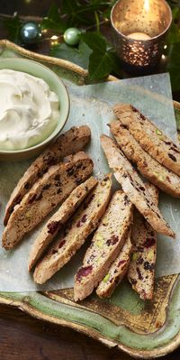 Nadiya's Christmassy spiced biscotti with pistachio and cranberry comes with a delectable dip if you're not into coffee.