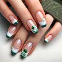 Four Leaf Clover St. Patrick's Day Nail Designs - Nail Art Ideas: This cute french tip acrylic gel St. Paddy's Day nail art design features white french tips with green accents and lucky clover detail. It's the perfect classy, minimalist, simple and elegant yet still festive design for your nails this spring!