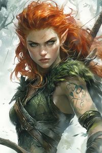 Zyrelle Thondar has an athletic build with a vibrant, pale complexion, showcasing the strength of her elven lineage. Her face is heart-shaped, with narrow, harsh cheekbones and delicate eyebrows. Her long, wild hair is a fiery ginger, cascading over her broad shoulders and framing her sharp jawline. Her eyes are a bright amber, framed by pretty lashes. She wears an allotment of animal hides, revealing much skin which is dotted with swirling, emerald tattoos. #elf #barbarian #dnd #5e #dungeonsanddragons #fantasyart #dndcharacternames