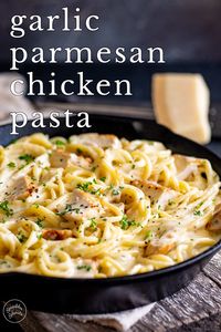 This Garlic Parmesan Chicken Pasta is a great family meal that can be on the table within 30 minutes. Tender chunks of chicken and spaghetti smothered in an irresistible creamy garlic parmesan sauce. It's a dish that screams comfort food. Pair this pasta dish with some crusty bread, a simple side salad, or veggies, and you have a delicious, easy weeknight dinner that will become a sure family favorite.