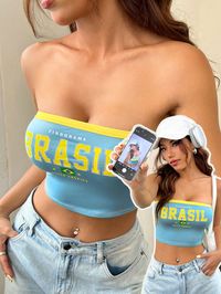 Cropped Top Ajustado de Estilo Halter com Estampa do Brasil Azul Casual  Sem Mangas Tecido de malha Letra,Listrado  Elasticidade alta  Women Clothing, size features are:Bust: ,Length: ,Sleeve Length: