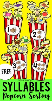 FREE printable sorting activity for preschool and kindergarten kids to sort syllables with a fun popcorn theme! This is a great literacy activity to develop phonemic or phonological awareness. Clap and count the syllables in each popcorn kernel and sort it with the correct popcorn box.