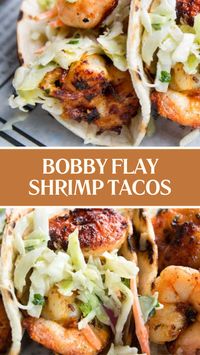 Bobby Flay’s Shrimp Tacos is made with shrimp, brown sugar chili powder, cumin, smoked paprika, limes, sour cream, coleslaw mix, corn tortillas, cilantro leaves, and lime wedges resulting in a flavorful dish that takes 25 minutes to prepare!