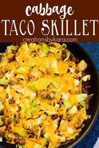 Ground Beef Taco Cabbage Skillet - this simple tex mex dinner is made all in one pan, and whips up in minutes. It's low carb and delicious! #cabbageskillet #skilletcabbage #tacoskillet #tacoskilletcabbage #ketomeal #lowcarbrecipe #texmexcabbage -from creationsbykara.com