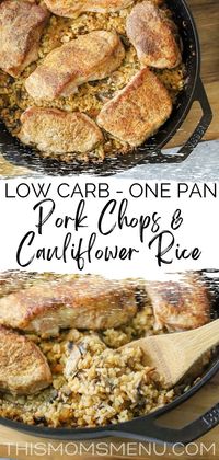 This one-pan dish is the perfect low-carb pork chop meal for the entire family. Caramelized onions and chopped mushrooms give such a delicious flavor to the cauliflower rice and blend perfectly with the tender pork chops.