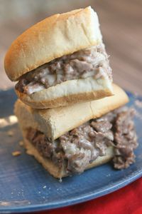 Philly Cheese Steak Sandwiches cut in half