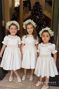 Short Sleeves Satin Ivory Flower Girl Dress with Belt · Sugerdress · Online Store Powered by Storenvy