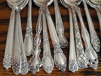 "Mismatched Spoons Silverplate Teaspoon Sets. Choose your actual patterns! Hundreds available! Table Ready! Gently Hand Cleaned and Hand Polished. Vintage and Antique designs from 1910's to 1960's, all made in the USA. More Mismatched Spoons & Flatware: https://www.etsy.com/shop/CraftySilver?&search_query=MISMATCHED Vintage Farmhouse / Cottage silverplate silverware. Teaspoons are approximately 6\" long. Choose your mismatched spoons. Choice of sets as shown. What you see is what you get. These