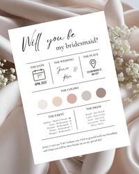 Embrace your bridal era and elevate your wedding experience with our sophisticated Bridesmaid Proposal Template. Our digital download offers a chic and fun approach to inviting your closest friends to be a part of your special day. Size: 5x7 in What's Included: - High-resolution digital template for bridesmaid proposals editable through Canva's free platform - Fully customizable text fields for your unique message - Editable color palette to complement your wedding theme - Distinctive design elements for an elegant touch How It Works: - Purchase and download the template instantly. - Open the file via a direct link in 'How It Works' PDF. - Personalize the text with your bridesmaid's names and a special message. - Customize colors to align with your wedding palette. - Save and share the dig