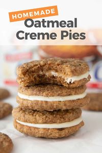 A super-soft, chewy, flavor-packed cookie inspired by Little Debbie Oatmeal Creme Pies! A quick oatmeal cinnamon dough & fluffy marshmallow filling!