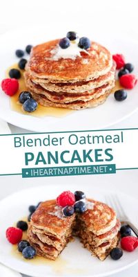 This oatmeal pancakes recipe makes a batch of delicious pancakes that are gluten-free and high in protein. Made with whole oats, cinnamon, honey, and Greek yogurt mixed in a blender then cooked, flipped, and served in under 30 minutes!