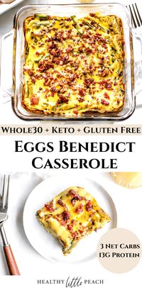 Breakfast and brunch just got a whole lot better with this Eggs Benedict Casserole. Creamy eggs with asparagus, onions, garlic and bacon, drenched in hollandaise sauce and garnished with crispy bacon. Whole30, Keto and Paleo compliant.