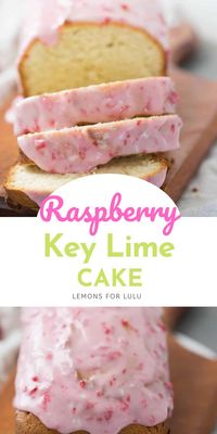 This key lime cake is a tangy sour cream pound cake that is drizzled with a sweet, homemade raspberry glaze. Everything about this easy cake screams happiness!