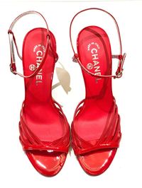 For Sale on 1stDibs - - Chanel red patent leather slingback sandals with silver metal hardware 'CC' heels. - Size 39. - Heels Height: 11cm.