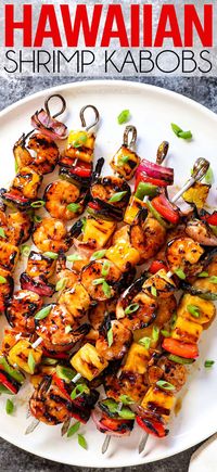 Hawaiian Shrimp Kabobs with a grill time of 5 MINUTES! They are sweet and tangy, succulent morsels that will whisk your taste buds away to the tropics (great for entertaining)! boring chicken here! #recipeoftheday #recipeideas #recipesfordinner #dinner #dinnerrecipes #dinnerideas #dinnertime #grilling #kabobs #chickenkabobs #grilledchicken #skewers #shrimp #grilledshrimp #shrimpkabobs #shrimpskewers #shrimprecipes