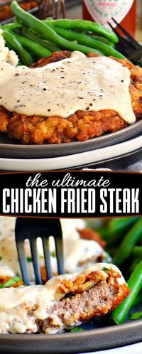 The Ultimate Chicken Fried Steak is fried to golden perfection and topped with the creamiest gravy you can imagine. It's hard to imagine a more quintessential Southern meal than Chicken Fried Steak and Gravy. The hard part is deciding whether you want to make it for breakfast or dinner. My family can't get enough of these tender steaks with that delightful crispy, crunchy coating. And the gravy? Heaven! // Mom On Timeout #chickenfriedsteak #dinner #recipe #entree #gravy #steak #recipes