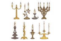 Set of candles in vintage old metal candlesticks. Antique candle holders and retro candelabrums with flame of candlelight. Vector sketch isolated illustrations.