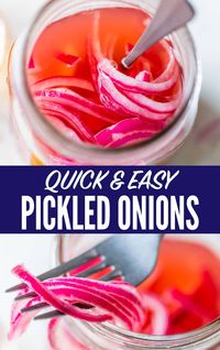 Red pickled onions are so easy and ready in minutes. Fill a mason jar in your fridge to have for salads, sandwiches, tacos, and much more!