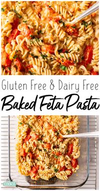 Our gluten free and dairy free version of the viral baked feta pasta makes an easy and fuss-free weeknight meal! You can leave this recipe as-is for a vegan version, or you can add chicken sausage for a complete dinner with added protein. | thefitcookie.com