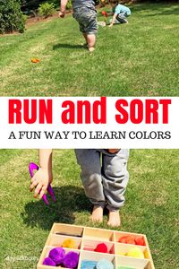 color sorting games for outdoor play this summer. Toddler game for sorting and a preschool game for movement. Use tongs for fine motor development and run back and forth for gross motor skills. #outdoorplay #preschoollife #toddlerlife #games