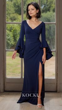 Indulge in luxury with our Elegant & Luxurious V-Neck Mother of the Bride Dress. Featuring a sheath silhouette, long sleeves, and pleated satin fabric, this dress exudes elegance. The alluring slit adds a touch of allure and sophistication. Perfect for any special occasion, feel confident and glamorous in this stunning dress.