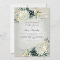 Elegant and romantic ivory cream and teal watercolor floral and gold glitter on sage green wedding invitation. Contact us for help with customization or matching products. #zazzlemade