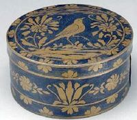 BLUE PAINTED AND STENCIL DECORATED ROUND SEWING BOX PROBABLY ENGLISH, 19TH CENTURY.