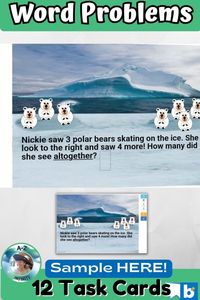 Practice addtion &subtraction with this arctic theme word problem game! Lesson Cards, Mini Test Cards, Practice Cards, Free Play Cards. #wordproblems #storyproblems #additonandsubtration