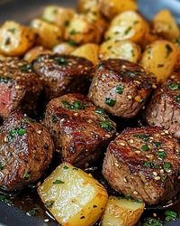 Sizzle up dinner nostalgia with Air Fryer Garlic Butter Steak Bites and Potatoes! So quick, so delicious! 😋🔥 #AirFryerMagic #SteakBites #GarlicButter #EasyDinners