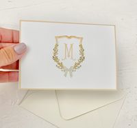 Beautiful thank you cards featuring an initial in a vintage and elegant font inside of a watercolor crest. They are a perfect match to these invitations  https://www.etsy.com/listing/1204387046/neutral-crest-baby-shower-invitation?click_key=abb365ca351ad09e5c65b073870acce3fb5f4326%3A1204387046&click_sum=c3535893&ref=shop_home_active_3&frs=1&sts=1 Size: 3.5x5" folded (4Bar) Material: Snow White signature stock 100# Include white envelopes (photos show cream envelopes. They're an option but please