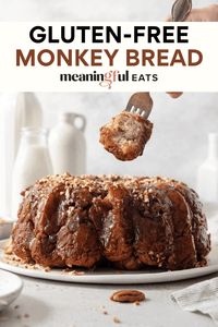 This EASY gluten-free monkey bread features fluffy dough balls layered with a gooey caramel sauce and chopped pecans. This is the perfect gluten-free  breakfast for holidays and special occasions!