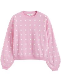 pink wool-cashmere blend bold polka dot print crew neck balloon sleeves ribbed cuffs and hem