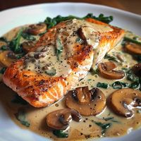 Pan-Seared Salmon Florentine. Imagine succulent salmon fillets, perfectly seared to golden perfection, served on a bed of creamy spinach and mushroom sauce. This dish not only looks stunning but tastes