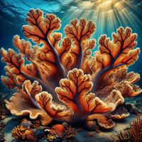 Witness the stunning "Sunburst Coral Glory," an exquisite elk horn coral basking in the underwater sunlight. Its intricate, branching structures resemble the antlers of an elk, glowing with vibrant orange and red hues. This breathtaking scene captures the beauty and complexity of marine life, as rays of light penetrate the water, highlighting the coral's delicate patterns. #worldbuilding #fantasyart #oceanelegance #corral #plant