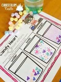 FREE candy {conversation} heart science experiment and recording sheets. Perfect Valentine's Day activity!!!