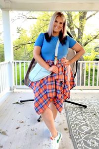 This is a 🛍️Shoppable🛍️ Pin!    blue, orange, skirt, flannel, hobo bag, flannel skirt, Nike, blazer, jumbo, low, colorblock, fitted tee midsize, curvy, outfit, idea, inspo, inspiration, outfit of the day, ootd, midsize ootd, curvy ootd, midsize outfit, curvy outfit, size 12, size 14, size 16, size18