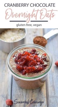 These Cranberry Chocolate Overnight Oats make a super hearty and healthy breakfast that can be meal prepped ahead and eaten all week.  The perfect fall flavored breakfast! #glutenfree #vegan #breakfast #overnightoats #breakfast #healthy