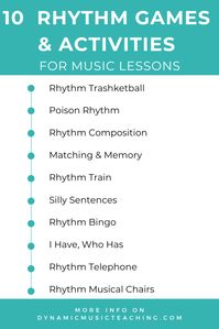 Rhythm review games for kids are something you can never have enough of as a music teacher! Here is a list of 10 rhythm activities and games to try in your elementary music class or piano lessons. Click through the pin to read more about each of the 10 activities.