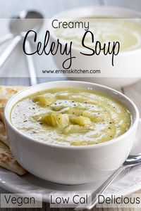 This easy recipe for Creamy Celery Soup has no cream, making it a low-fat, vegan version of cream of celery soup that's healthy and delicious. #ErrensKitchen #celery #quickandeasy #quickandeasydinneridea #simplerecipes #easyrecipe #easycookingrecipes #healthyrecipes #healthydinnerrecipes #veganrecipes #veganrecipeshealthy #healthyrecipes #vegetariancooking #vegetarianrecipes