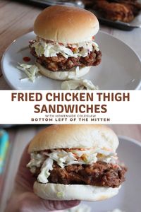 These fried chicken thigh sandwiches have buttermilk marinated boneless, skinless chicken thighs breaded with a spicy coating. Top with a simple cabbage slaw mix and hot sauce to give it a little something extra.