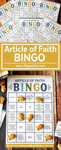 Get this free Article of Faith Bingo game to help Acitvity Days boys and girls learn and remember their Articles of Faith. www.TeepeeGirl.com